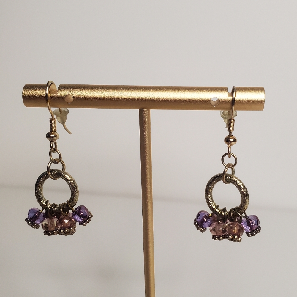 Purple beaded dangle circle earrings - vintage 1.5" long.